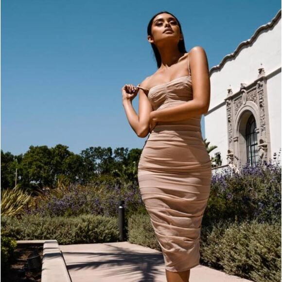 Women's House of CB Railea Nude Taupe Corset Ruched Midi Sheer Chiffon Dress XS - Picture 1 of 6